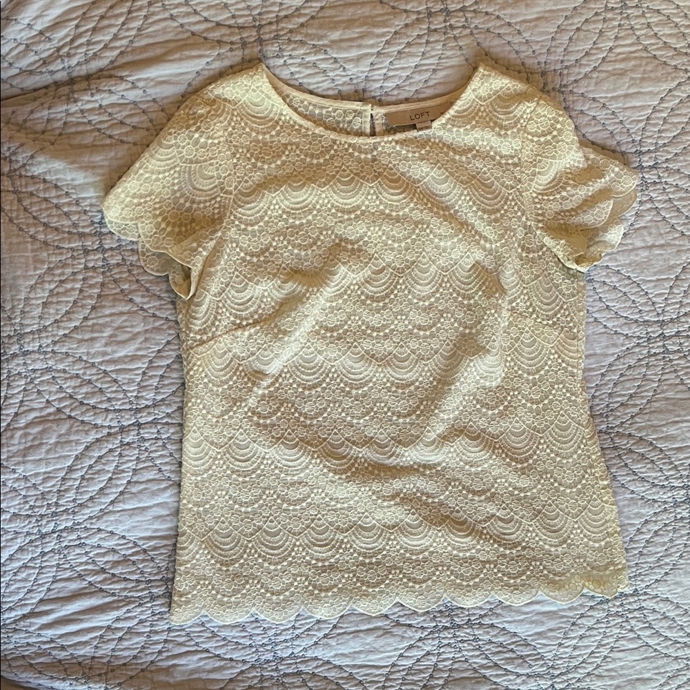 LOFT Cream Lace Top with Scalloped Detail